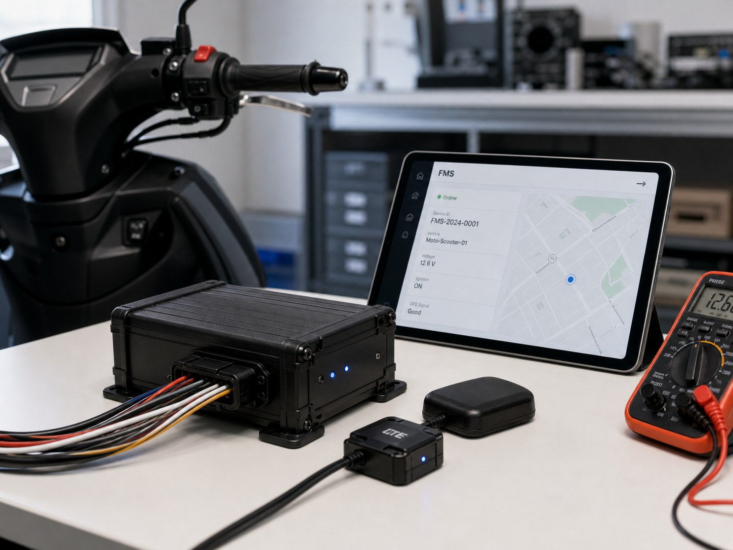 Rugged motorcycle FMS device with GPS, IMU, LTE, IP65, and remote control diagnostics