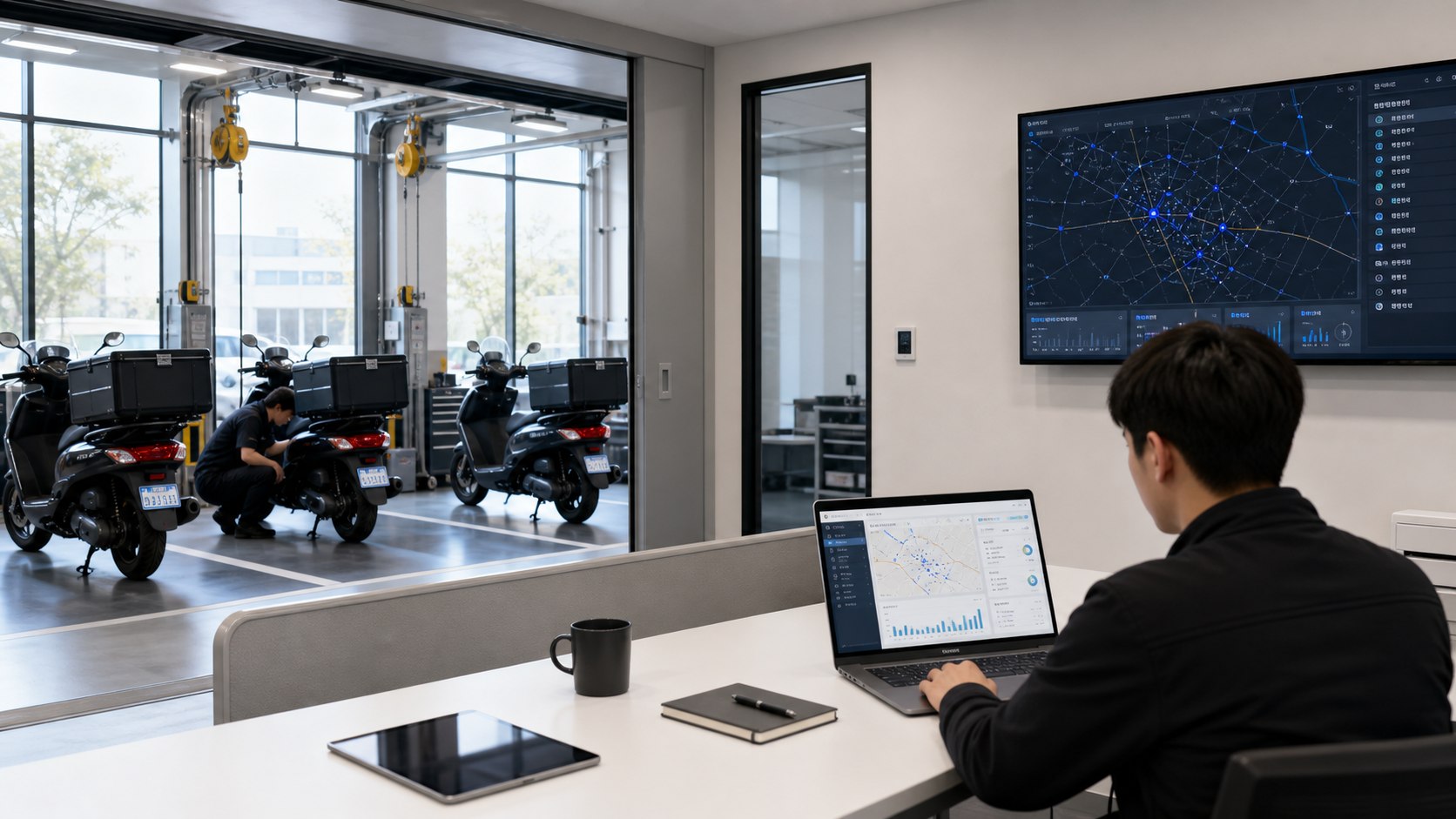 FMS telemetry network over delivery motorcycles with fleet, risk, and e-Call dashboards