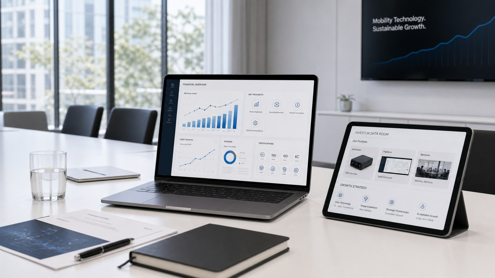 Investor data room dashboard showing revenue, TIPS R&D, fleet growth, and BEP signals