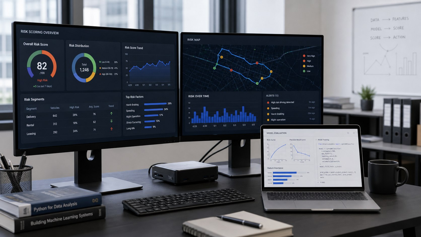 AI risk scoring dashboard combining bond risk, accident risk, and multimodal rider data