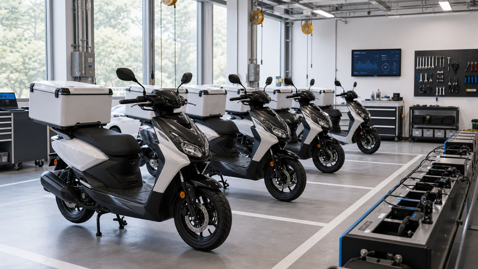 Motorcycle lease and rental depot with FMS-installed fleet readiness overlays